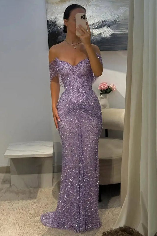 Lilac Sequins Semi Formal Grad Long Prom Dress
