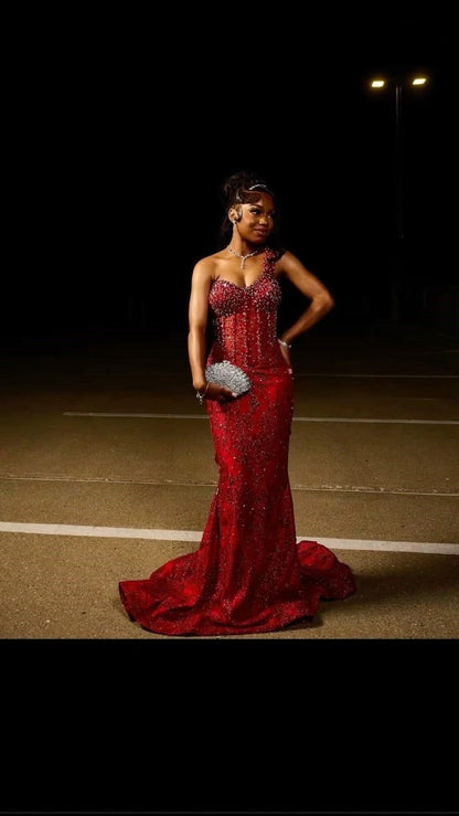 Sexy Mermaid One Shoulder Burgundy Sequin Formal Gown