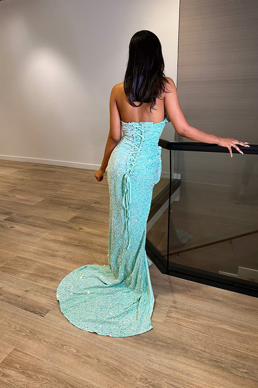 Exquisited Blue Sequins Sweetheart Sleeveless Mermaid Prom Dress with Split