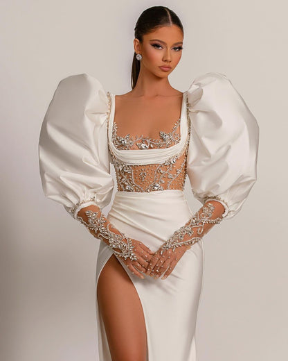 White Square Evening Dress Bubble Sleeves Rhinestones