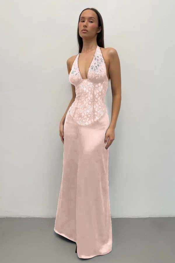 Halter Deep V-Neck Sleeveless Long Mermaid Prom Dress