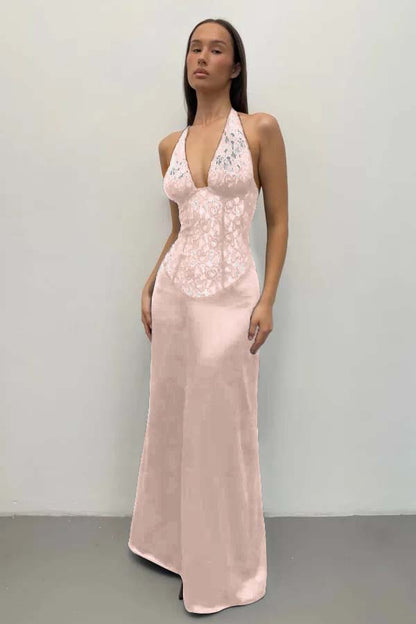 Halter Deep V-Neck Sleeveless Long Mermaid Prom Dress