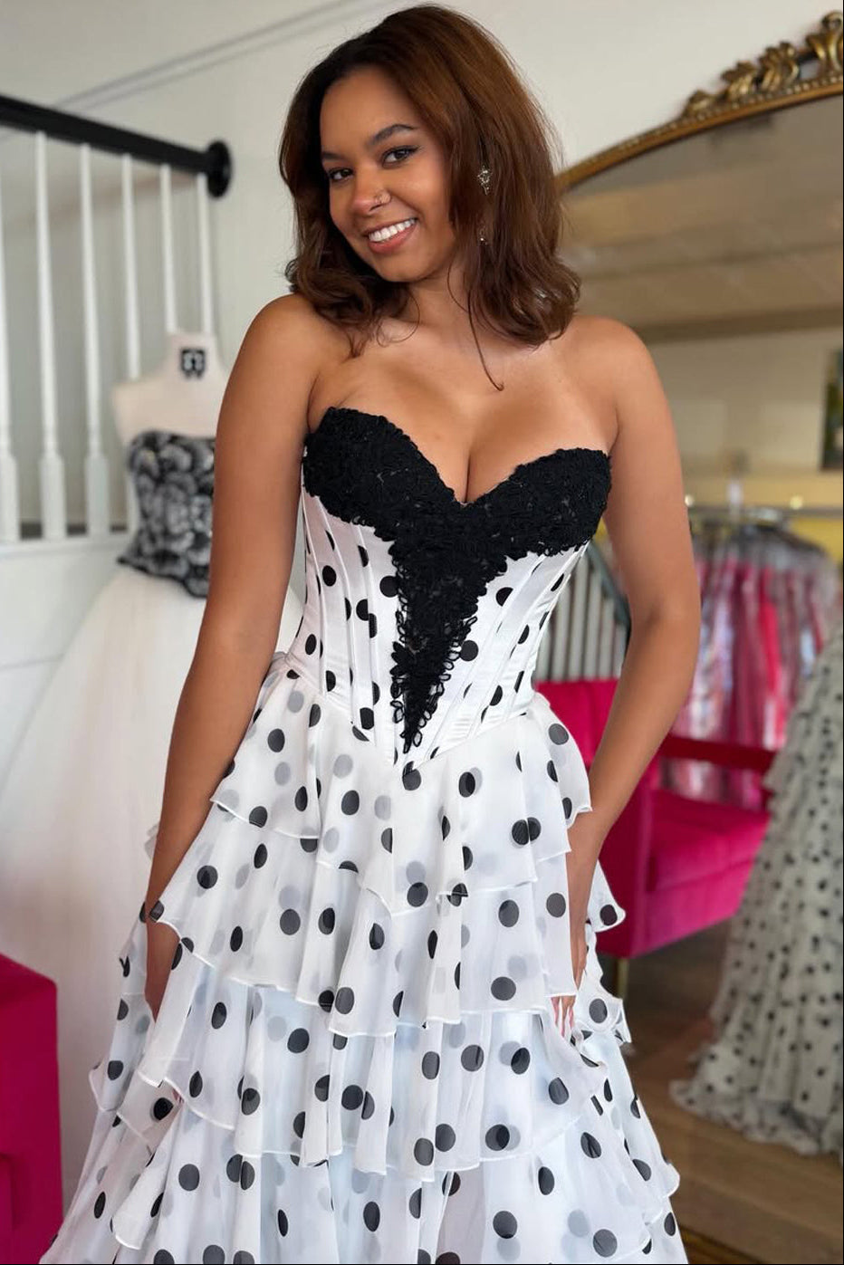 Polka Dot Chiffon Slit Ruffled Tiered A-Line Prom Dress