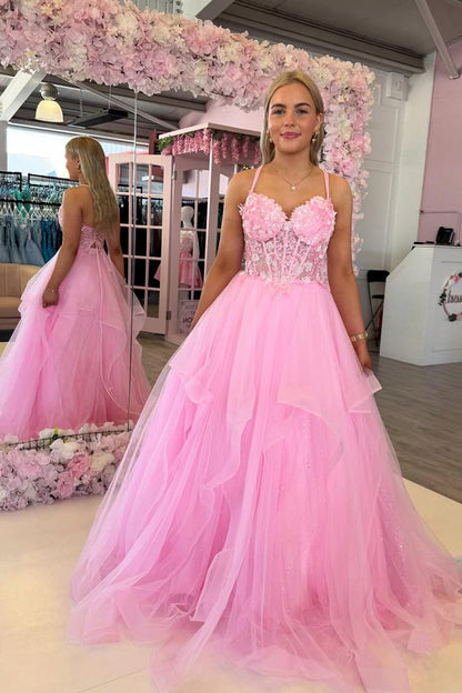 Gorgeous A Line V Neck Pink Tulle Long Prom Dress with Appliques