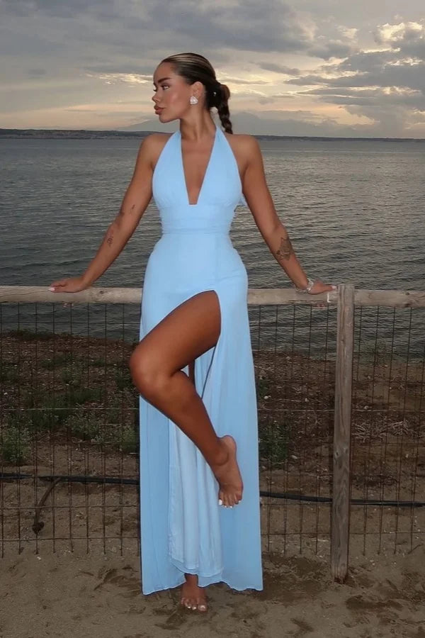 Glamorous Sky Blue Chiffon Summer Halter Split Prom Dress