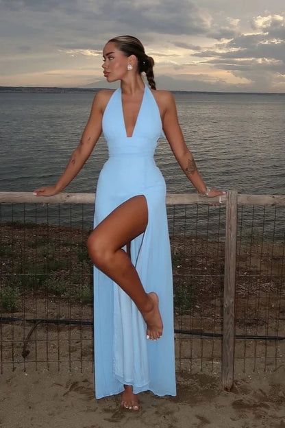Glamorous Sky Blue Chiffon Summer Halter Split Prom Dress