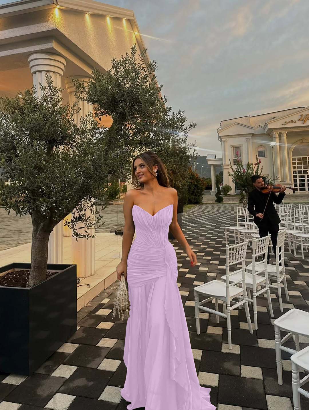 Strapless V Neck Sleeveless Long Prom Dress With Pleated Ruffle