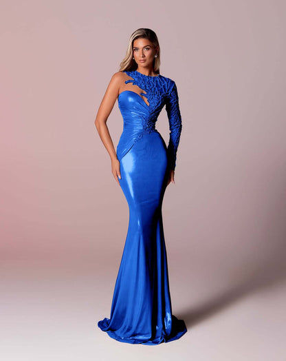 Hidais Asymmetric Neckline Single-Sided Long Sleeve Long Mermaid Prom Dress