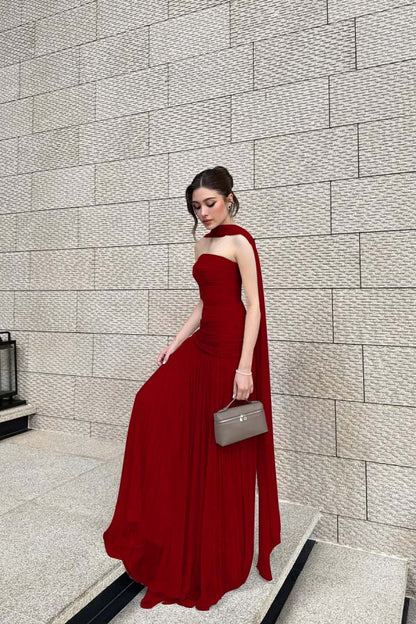 Chiffon Strapless Sleeveless Long Pleated A-Line Prom Dress With Ruffles