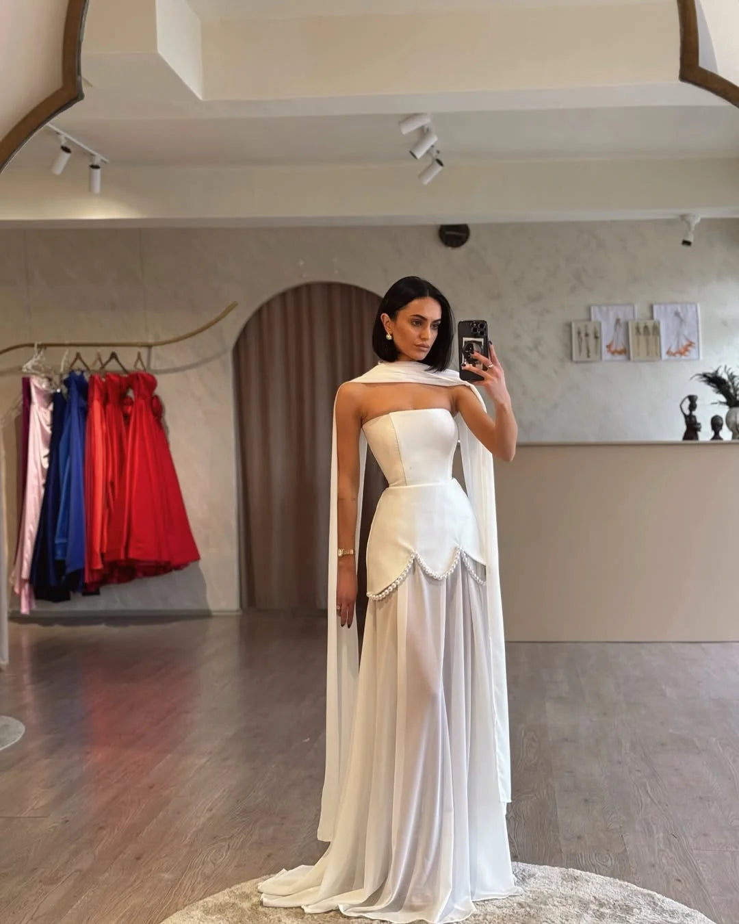 Ivory Strapless Pearls Spliced Prom Dress ZT0685