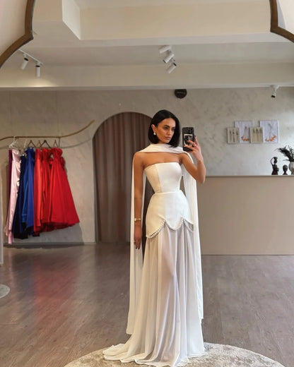 Ivory Strapless Pearls Spliced Prom Dress ZT0685