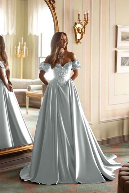 Short Sleeves Long A-Line Prom Dress With Embroidered And Pleated