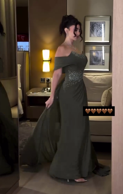 Green Off Shoulder Beaded Ruched Sheath Formal Evening Gown