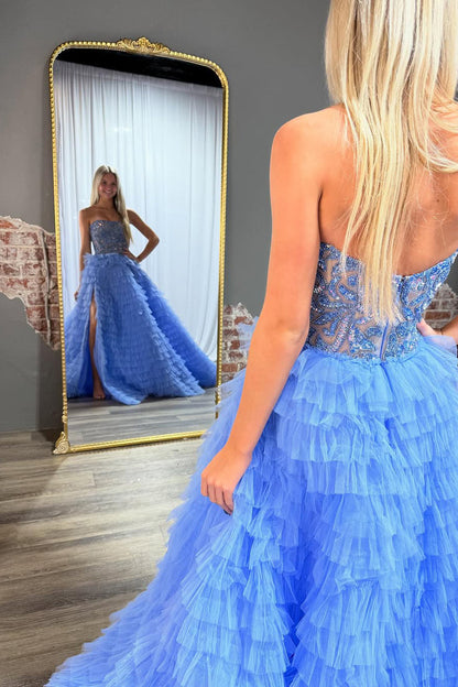 Gorgeous Ball Gown Strapless Blue Tiered Tulle Prom Dress