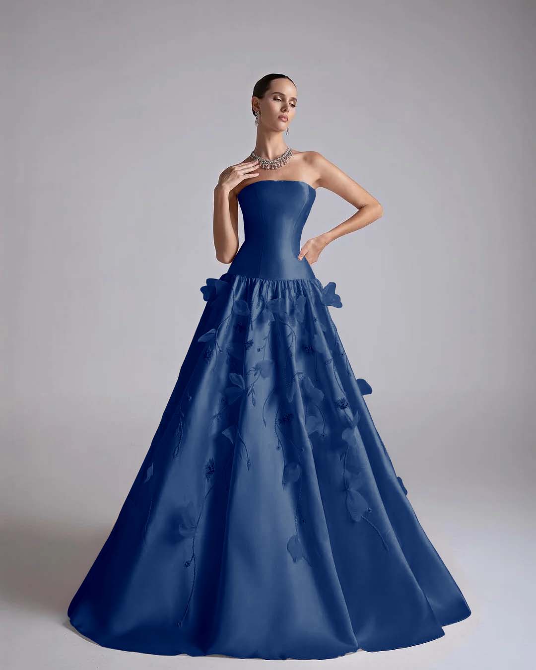 Strapless Sleeveless Long A-Line Prom Dress With Flower Appliqués And Beadings