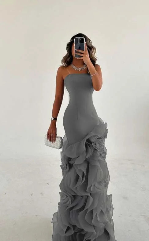 Dusty Blue Strapless Mesh Ruffles Sheath Prom Dress