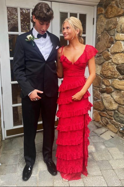 Fairy Sheath V Neck Red Lace Tiered Prom Dress