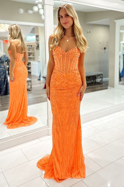 Charming Mermaid V Neck Orange Sequins Long Prom Dress