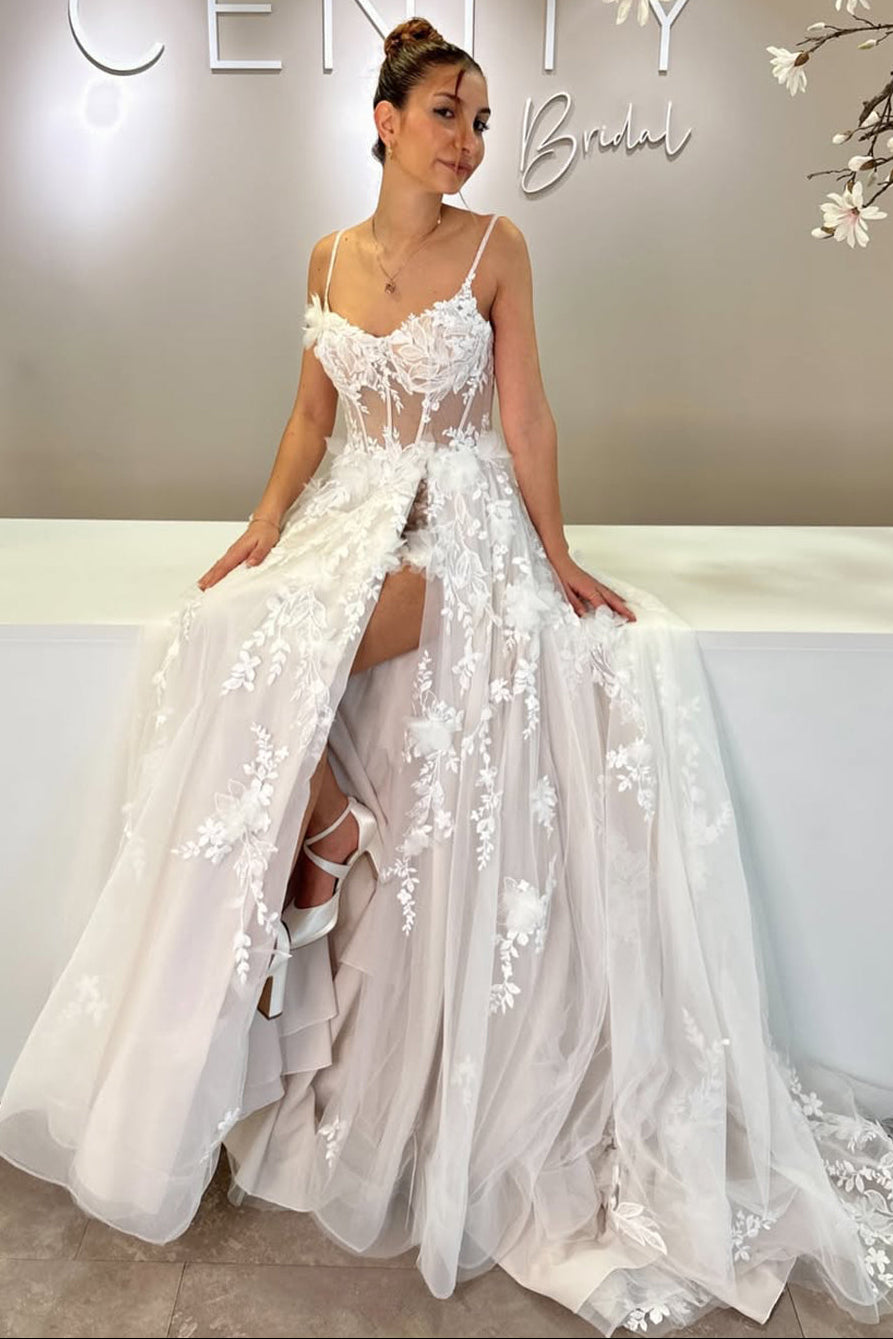 Bohomian A Line V Neck Tulle Wedding Dress with Appliques