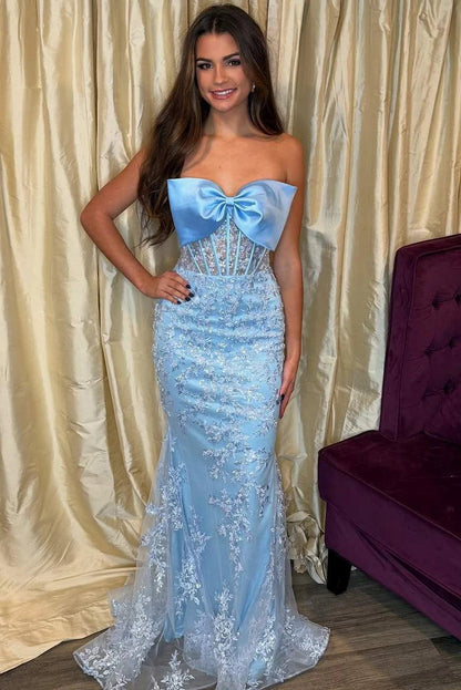 Lumidress Elegant Strapless Light Blue Lace Mermaid Gown with Bow Detail