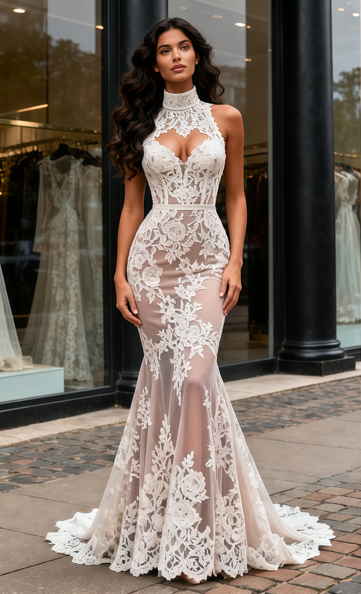 Champagne Backless Mermaid High Neck Lace Wedding Dress