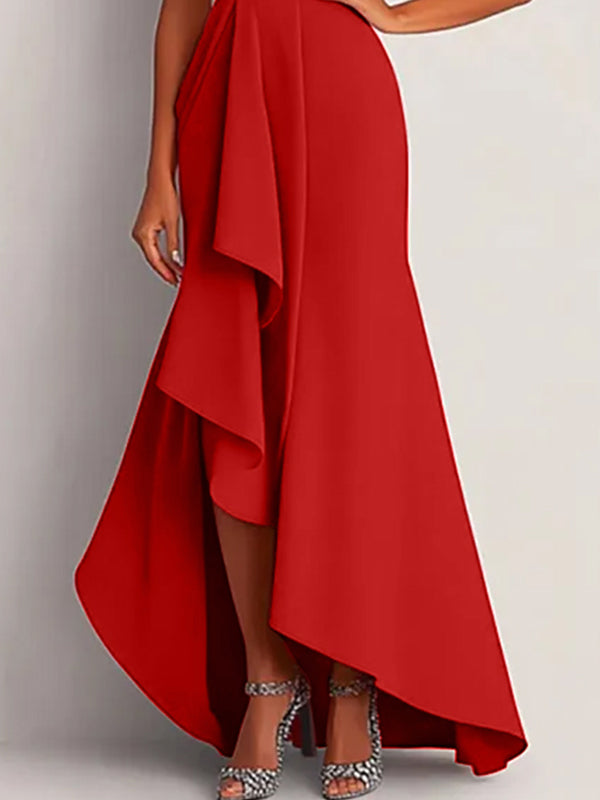 Formal Dress Red One-Shoulder Asymmetrical Floor-Length Gown