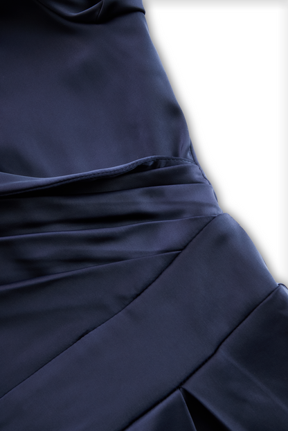 Vintage-Inspired Satin Midi Dress With Draped Collar