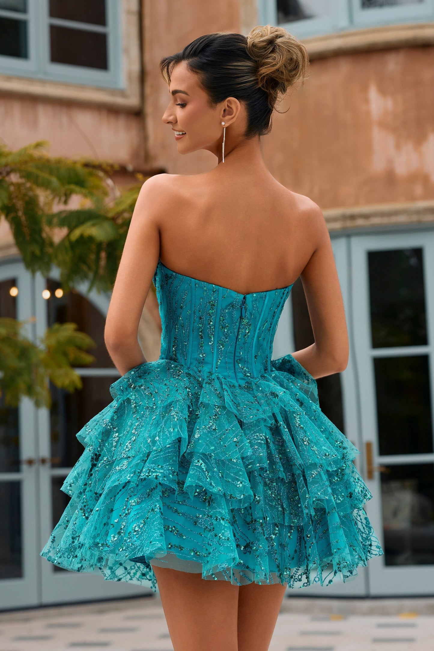 Tiered Ruffled Corset Mini Dress with Sequins