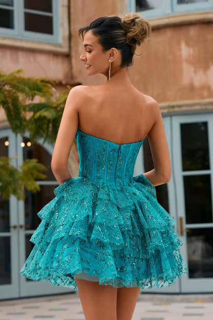 Tiered Ruffled Corset Mini Dress with Sequins