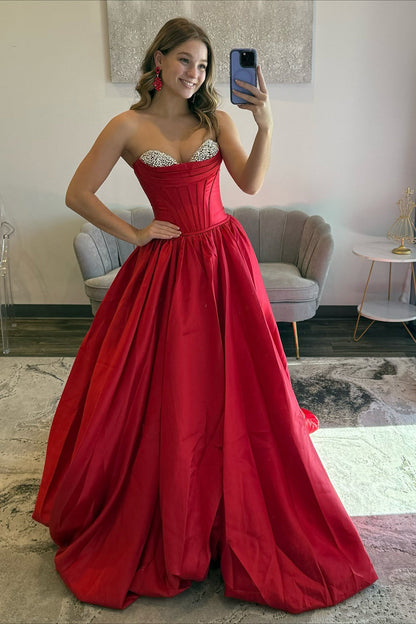 Sweetheart Corset Satin Beaded Prom Dresses Long A Line Strapless Party Gowns for Women