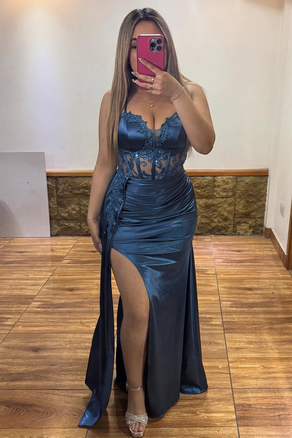 Mermaid Satin V Neck Prom Dresses Long Corset Lace Evening Party Gowns