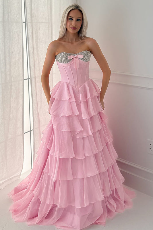 Sweetheart Corset Crystal Beaded Prom Dress A-Line Chiffon Pleated Tiered Party Gowns