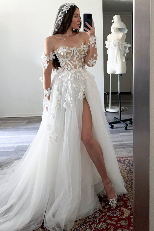 A Line Boho Wedding Dresses Tulle 3d Flowers Wedding Gown