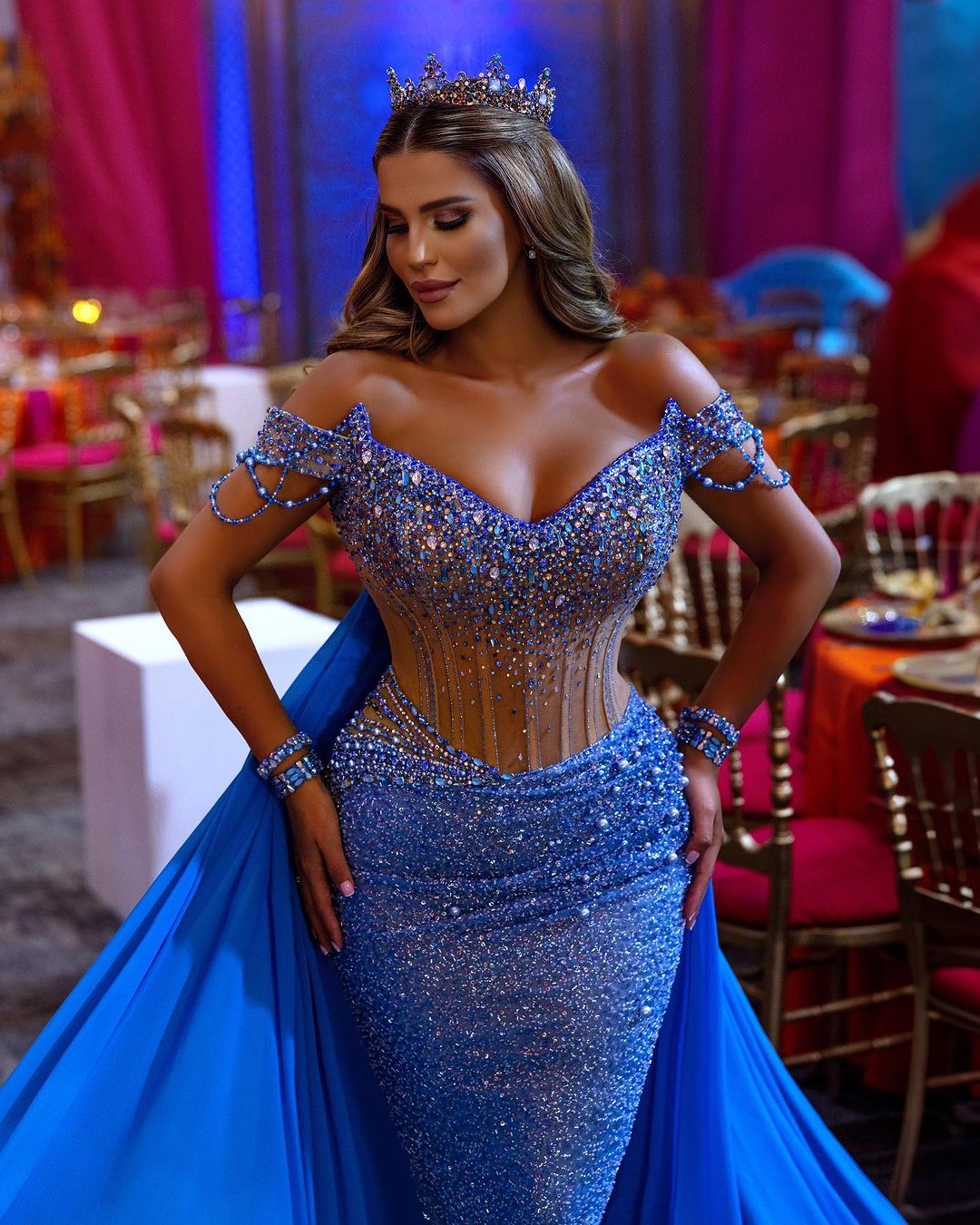 Blue Heavy Prom Dress Sequins Off-The-Shoulder Beaded V Neck