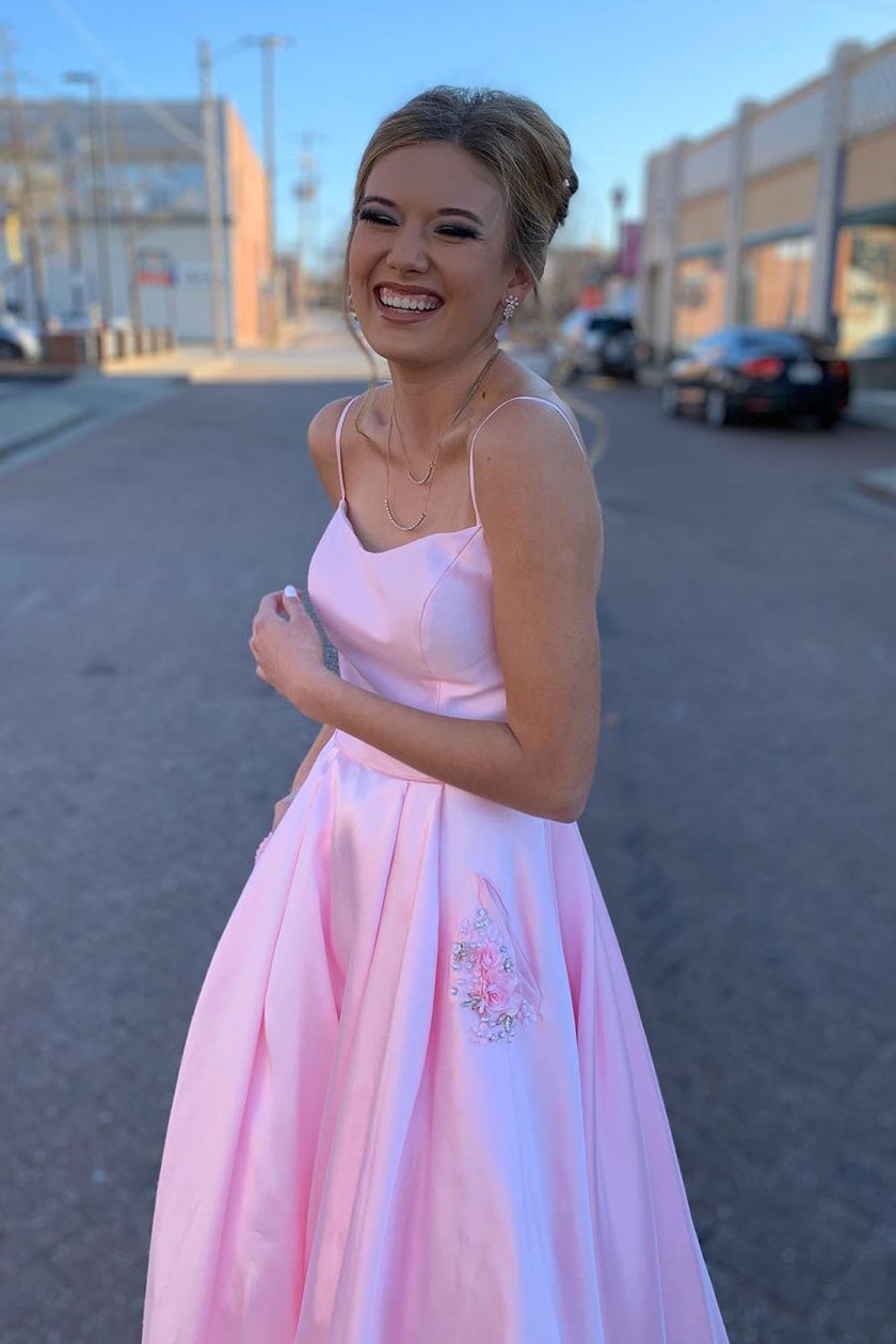 Elegant Straps A-Line Pink Long Prom Dress