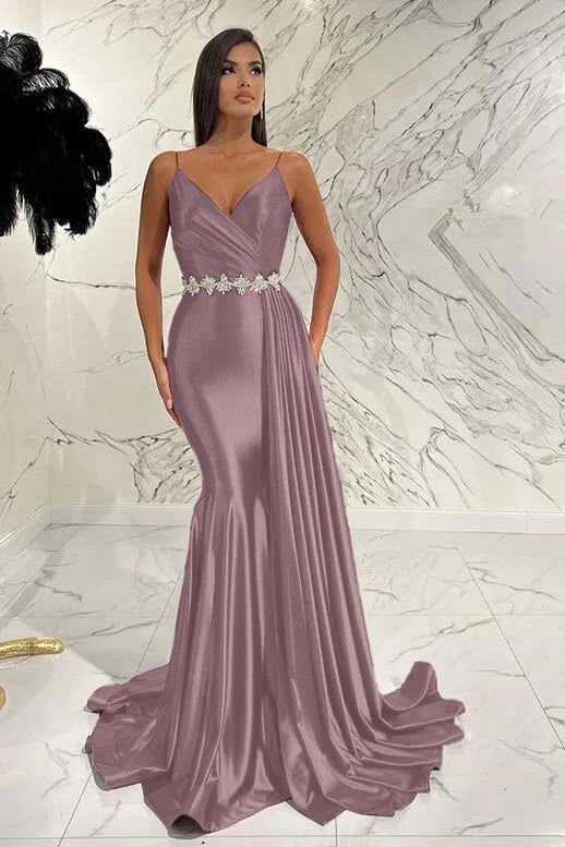 Elegant Red Spaghetti-Straps Deep V-Neck Mermaid Evening Dress With Belt Ruffles ED0472