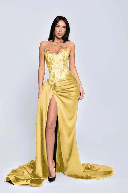 Charming Black Halter Lace Patchwork Evening Dress with Slit