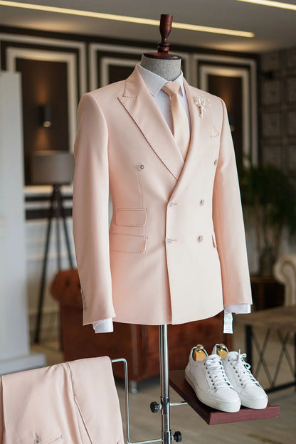 Casual Double Breasted Reception Suit Pink With Peaked Lapel Party For Prom