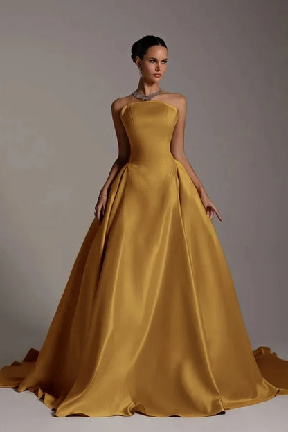 Champagne Strapless A-Line Elegant Prom Dress