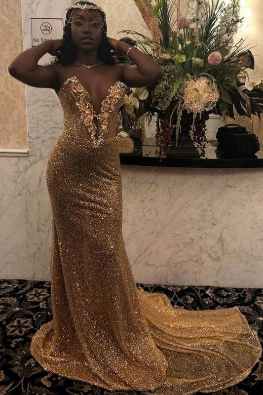 Gold Sequins Sweetheart Appliques Lace Up Prom Dress