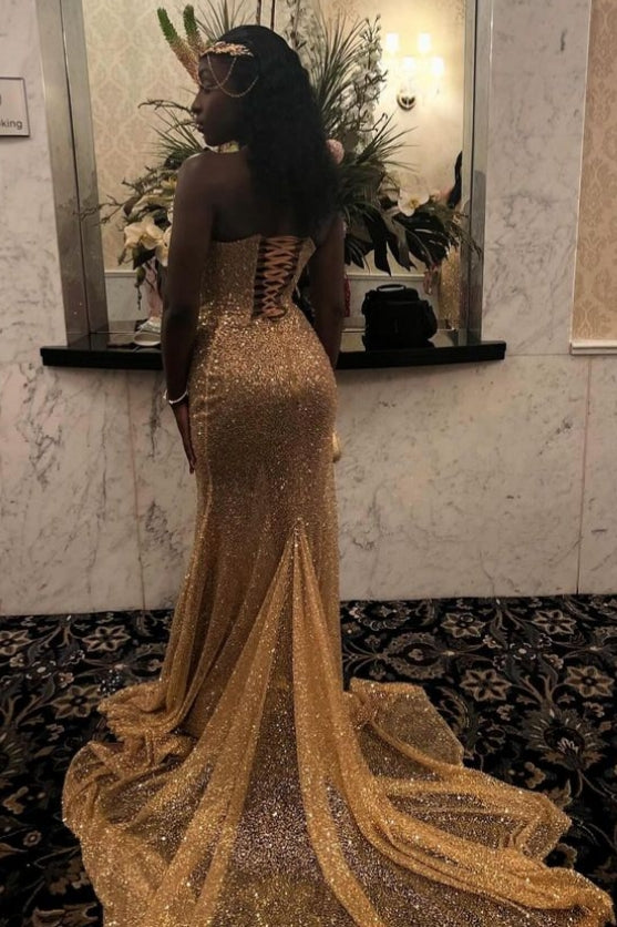 Gold Sequins Sweetheart Appliques Lace Up Prom Dress