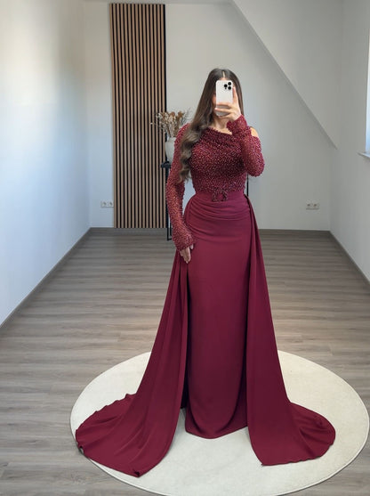 Mermaid Lace Long Sleeves Beaded Side Split Long Evening Formal Prom Dress