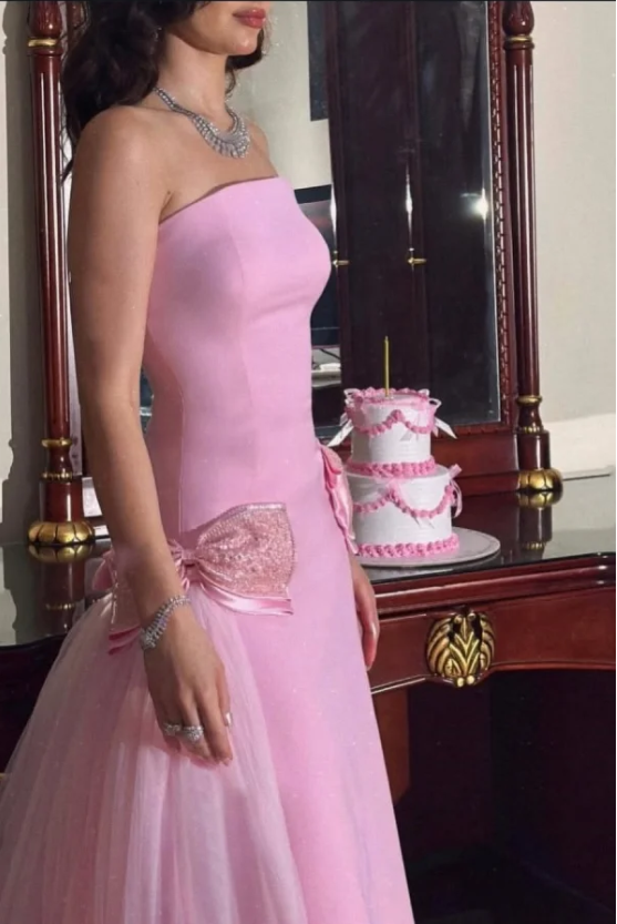 Sweet Pink Strapless Bow-Knot Long Prom Dress