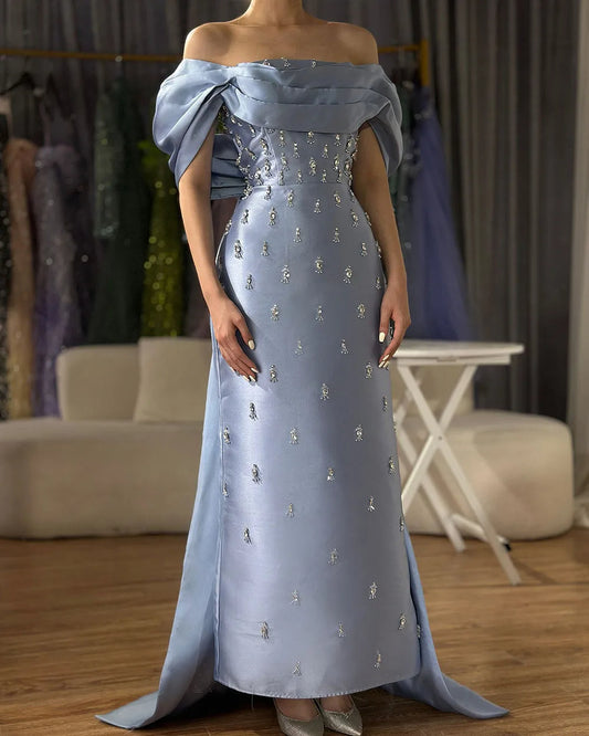 Blue Beaded Crystal Ankle-Length Mermaid Satin Evening Dress Gown for Party