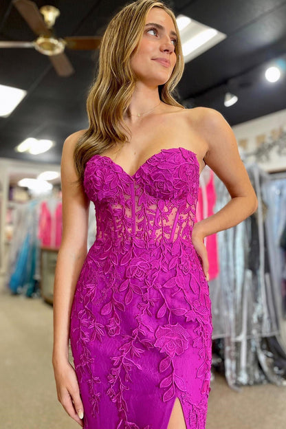 Classic Lace Appliques Strapless Mermaid Prom Dress with Slit