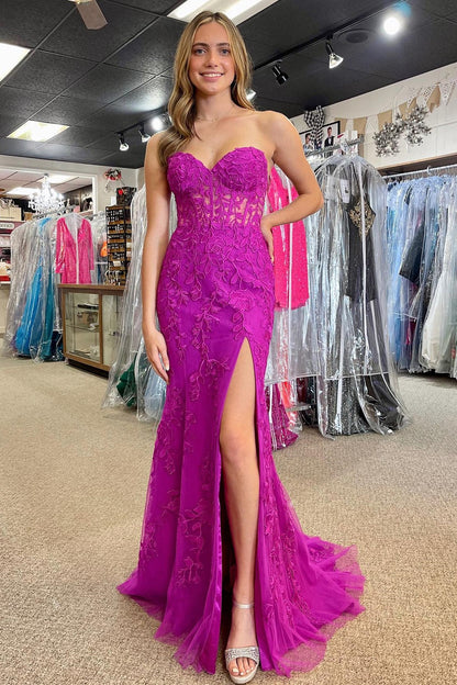 Classic Lace Appliques Strapless Mermaid Prom Dress with Slit