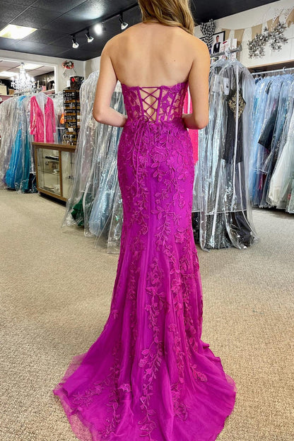 Classic Lace Appliques Strapless Mermaid Prom Dress with Slit