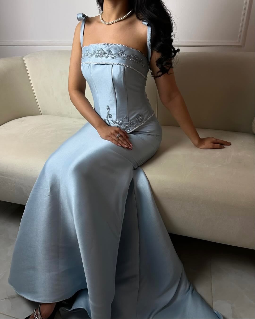 Blue Spaghetti Straps Bow Mermaid Floor-Lenght Evening Dress
