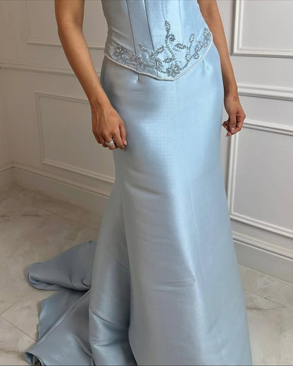 Blue Spaghetti Straps Bow Mermaid Floor-Lenght Evening Dress