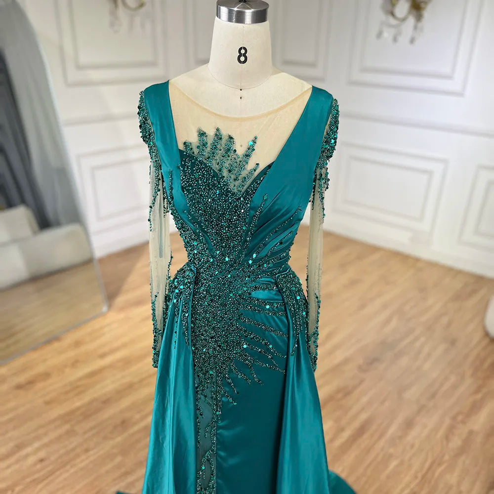Luxury Dubai Green Mermaid Lace Beaded Satin Evening Dresses Formal Gowns